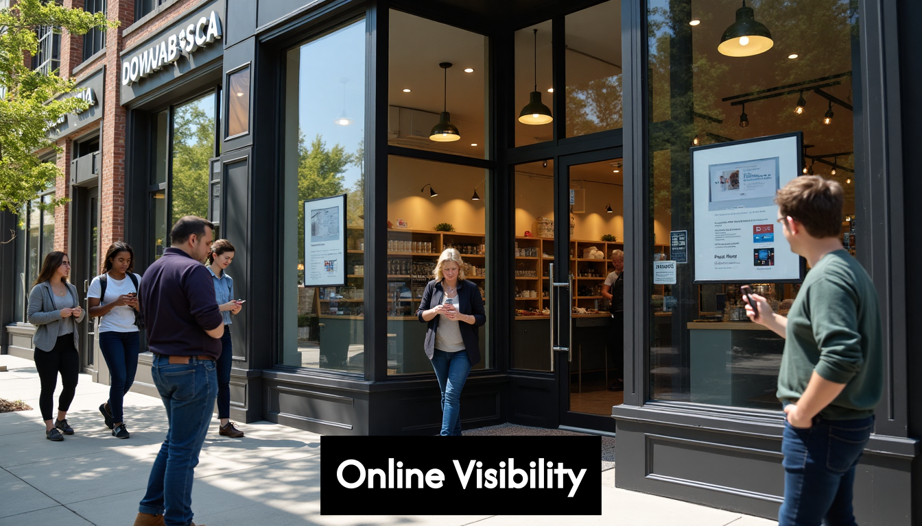 Modern business storefront with people using digital devices
