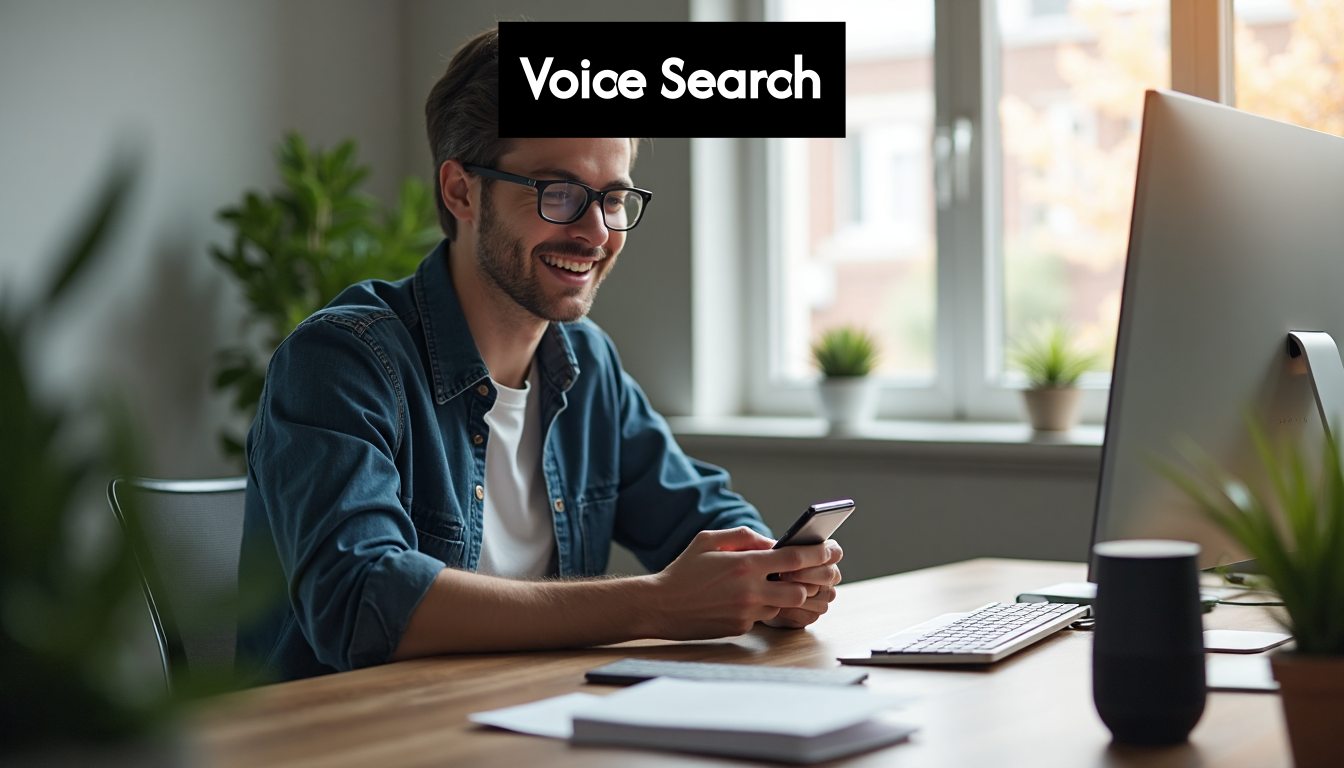 Business owner using voice search at work