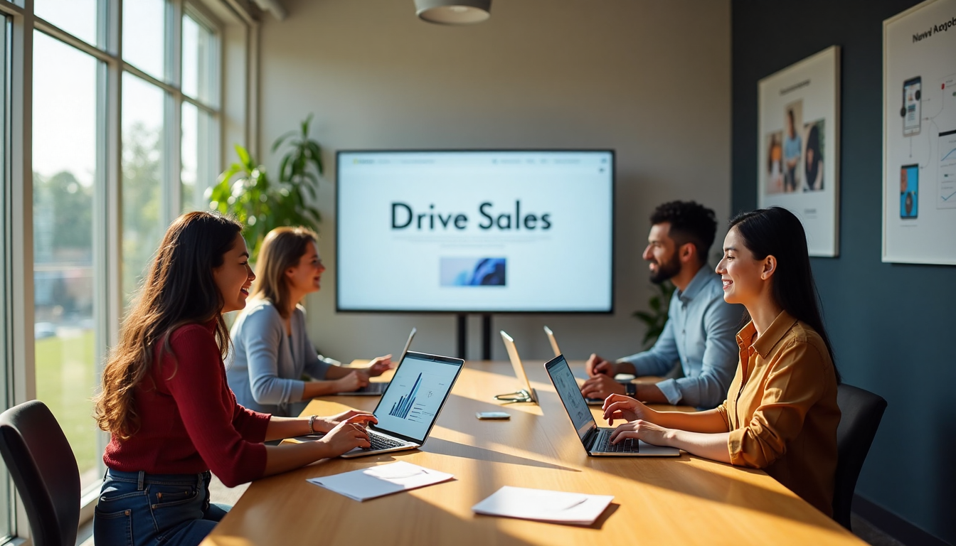 Business owners collaborate in sunny office with website dashboards