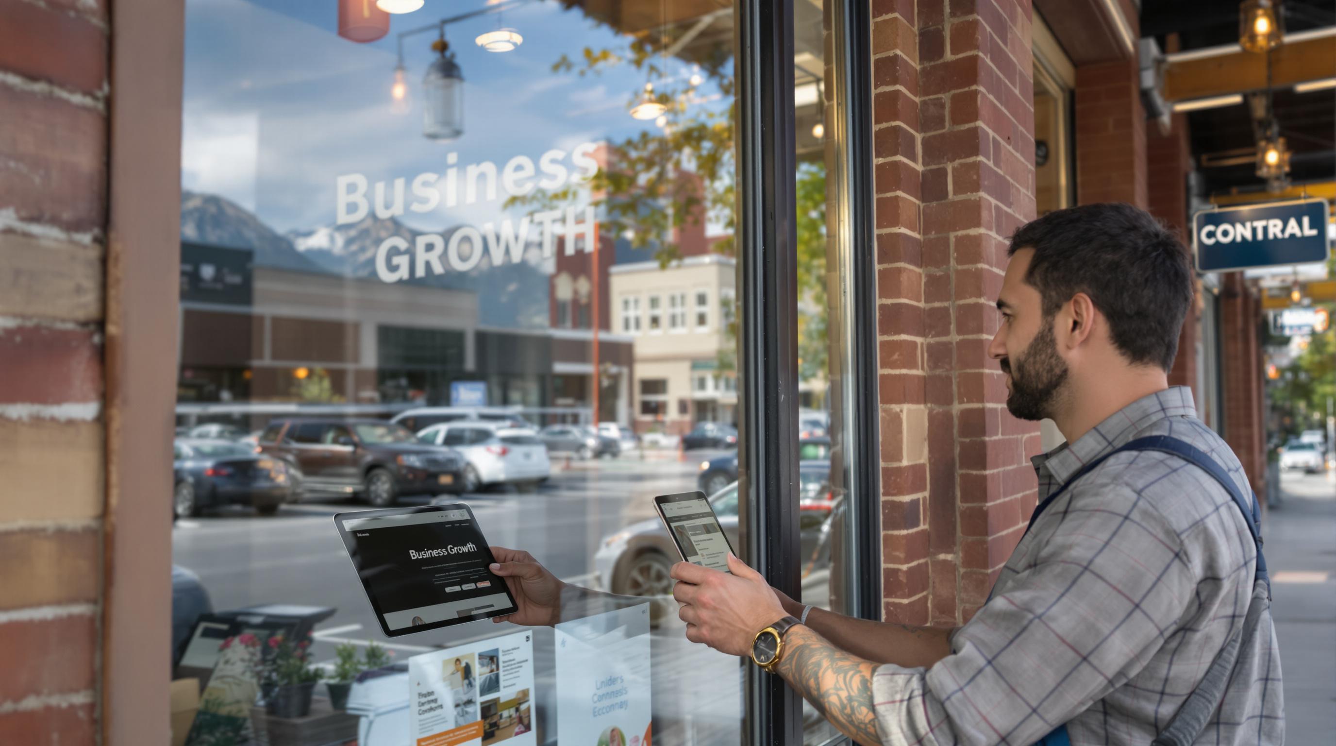 Colorado shop owner with storefront and website in window representing business growth