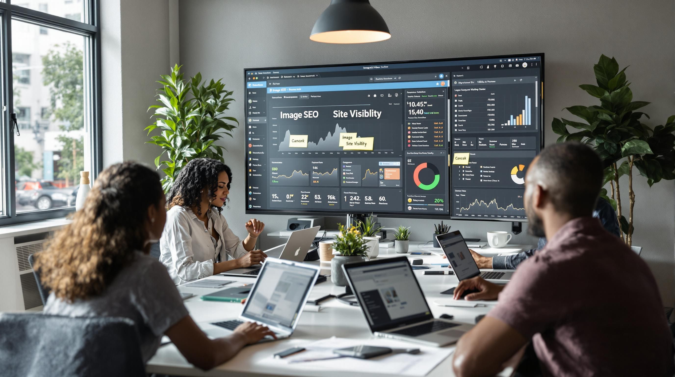 Diverse marketing team optimizing images for website SEO in bright US office