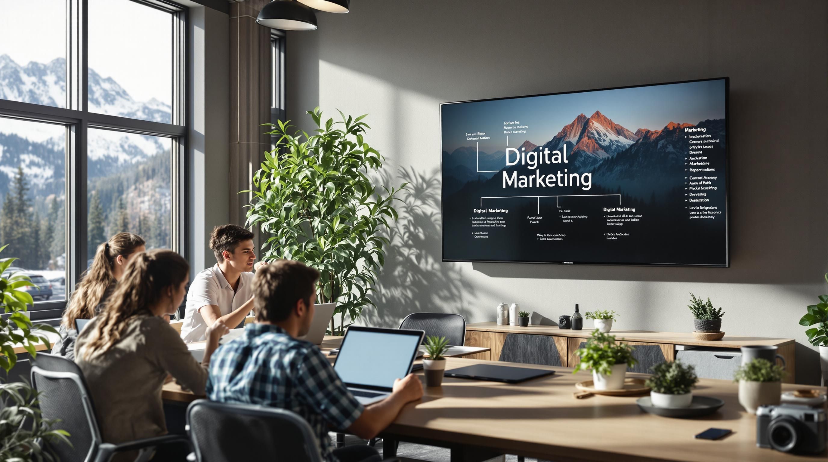Colorado marketing team collaborating around digital marketing strategy screen
