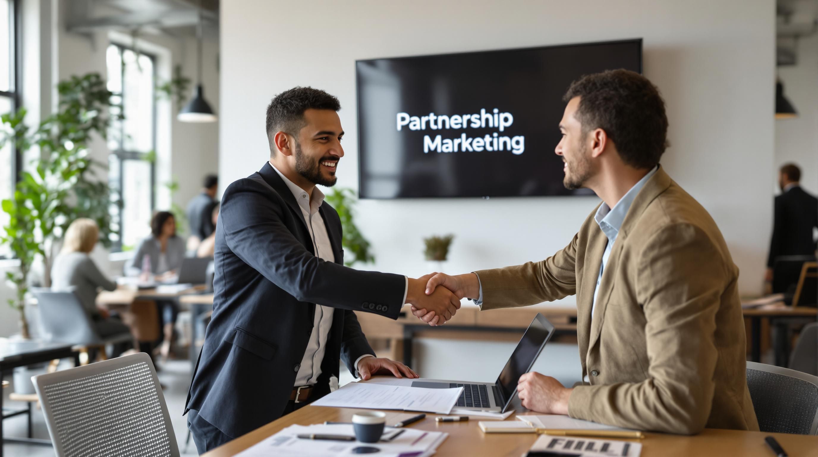 Business leaders handshake in co-working space with partnership marketing screen