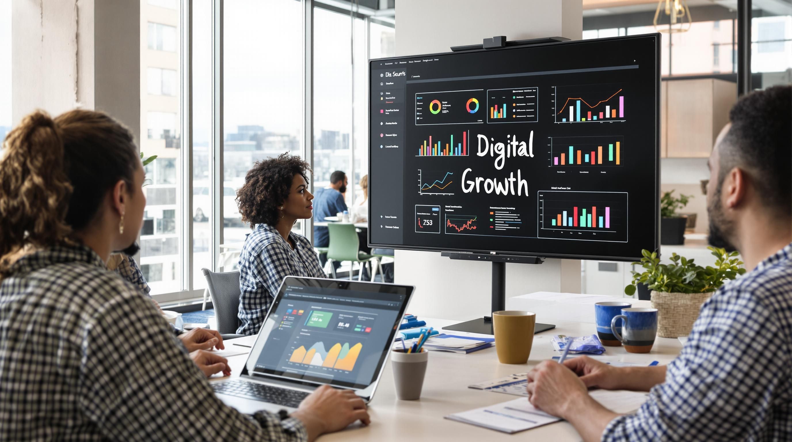 Small business team discusses digital growth in a bright Colorado office