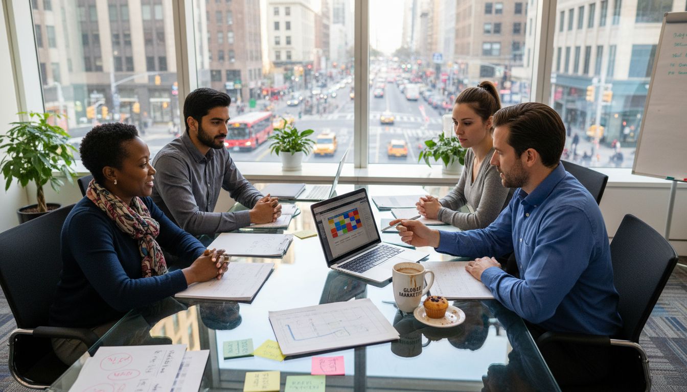 Marketing team in city office planning campaign