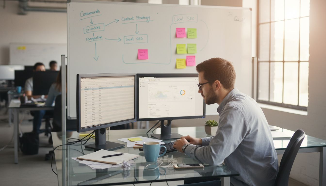 SEO specialist reviewing keywords at desk