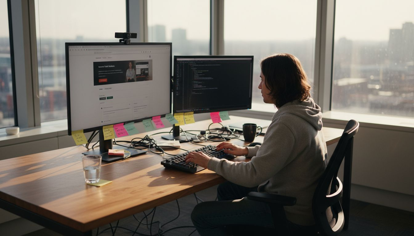 Web developer at desk with dual monitors