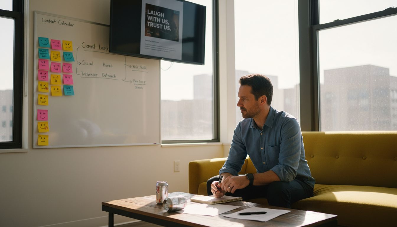 Brand manager brainstorming humorous campaign in office