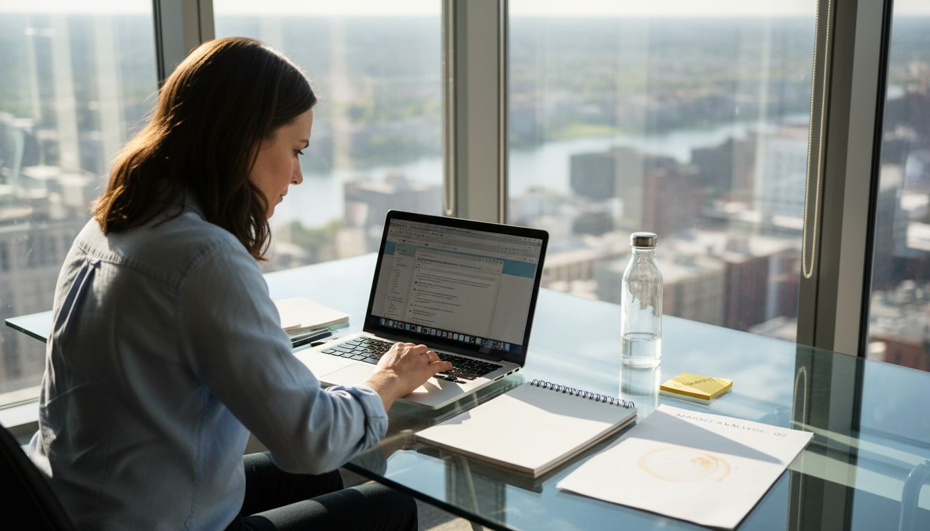 Marketing manager editing messages in bright corner office