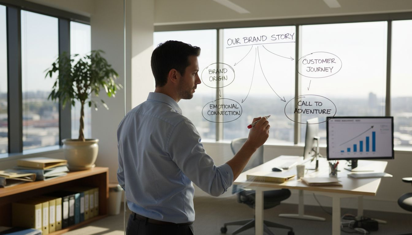 Manager crafting marketing story on glass board