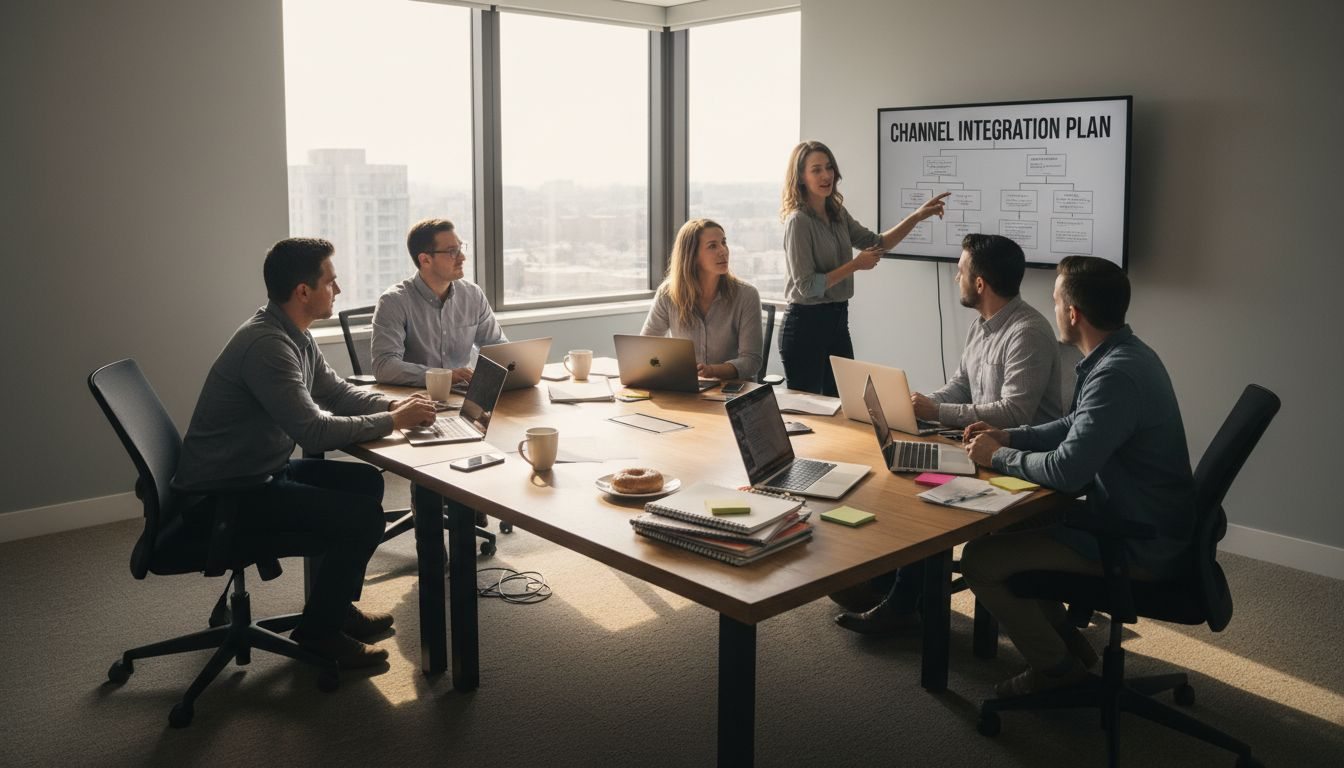 Marketing team collaborating in bright office