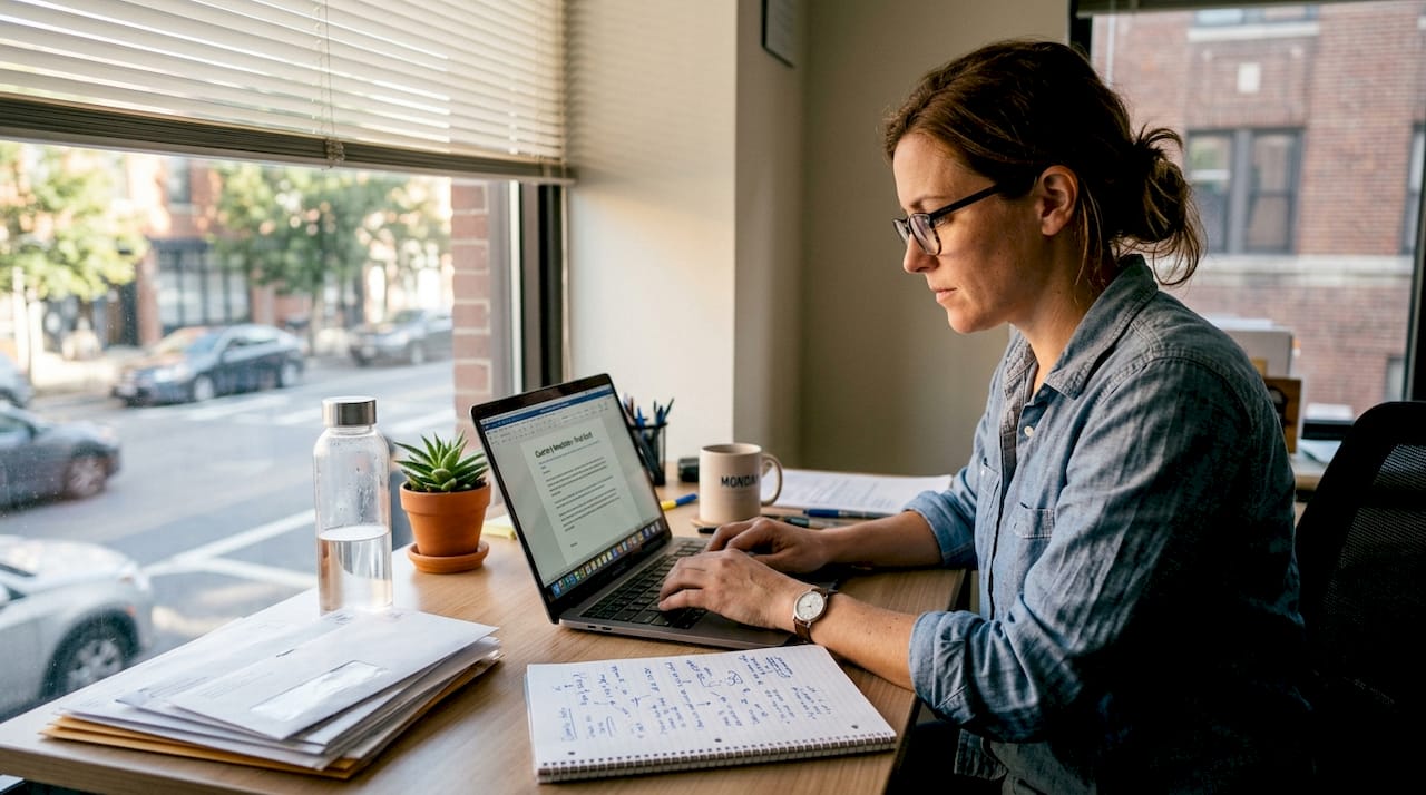 Business owner typing blog in office