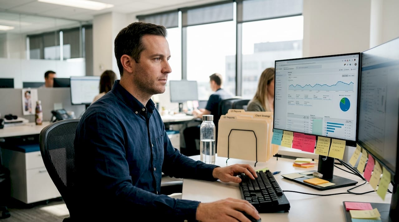 SEO analyst working at desk with analytics open