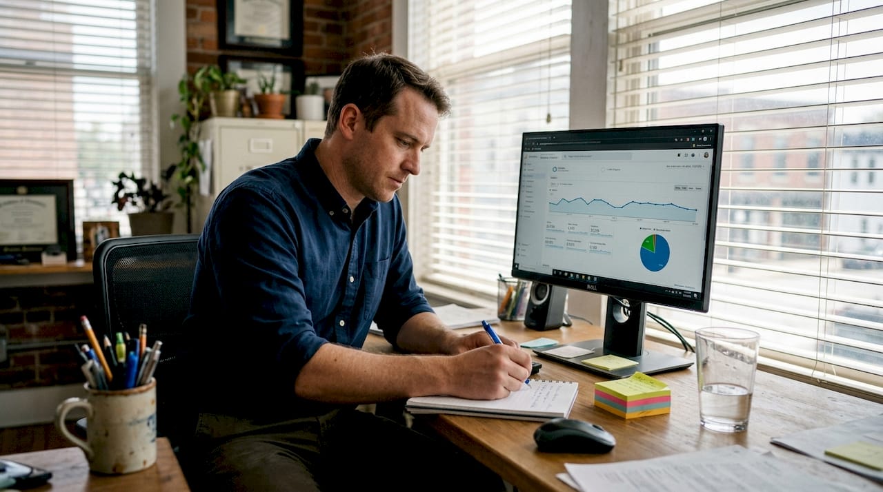 Business owner checking website dashboard in office