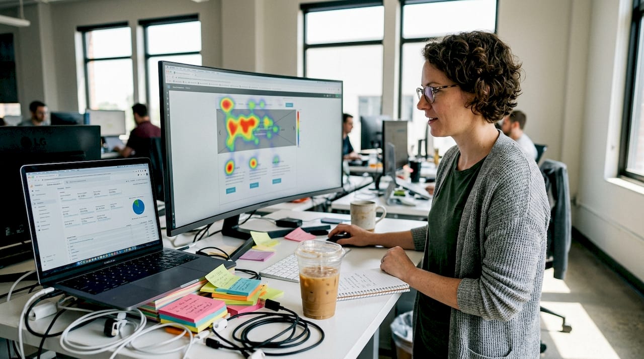 Web designer analyzes eye tracking heatmap at desk