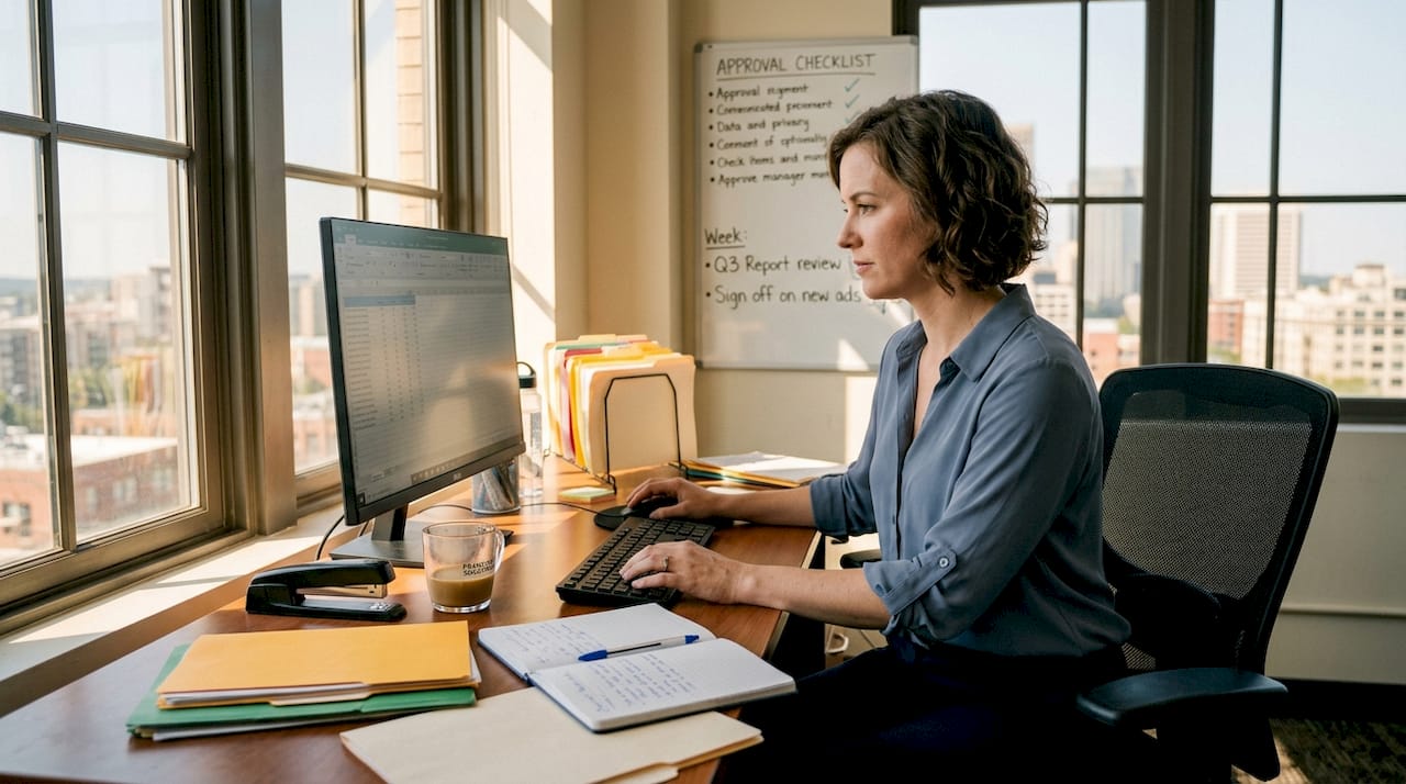 Franchise marketing manager updating spreadsheet in busy office