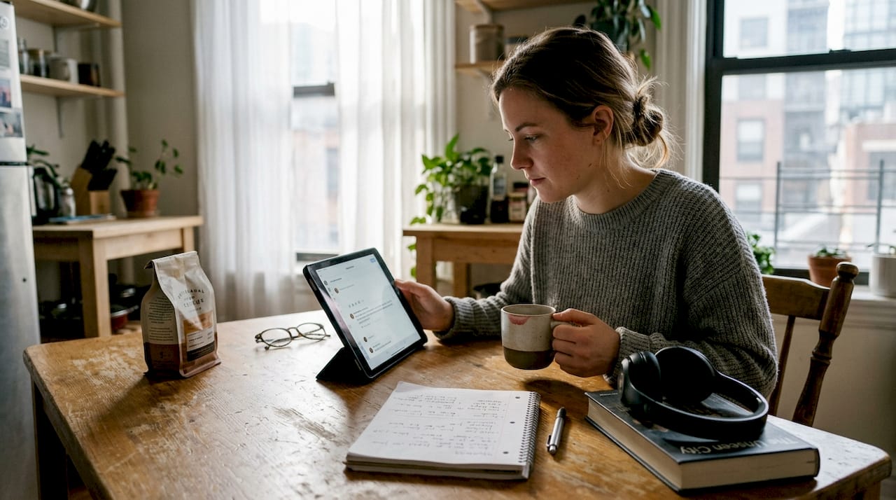 Woman crafting social media story at table