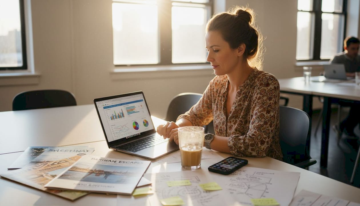 Marketer reviewing tourism digital strategy at workspace