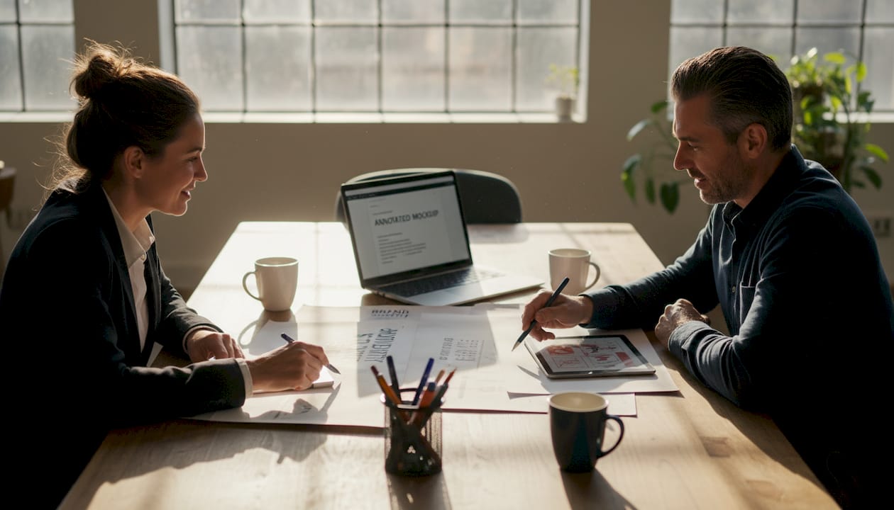 Branding team reviewing brand guidelines
