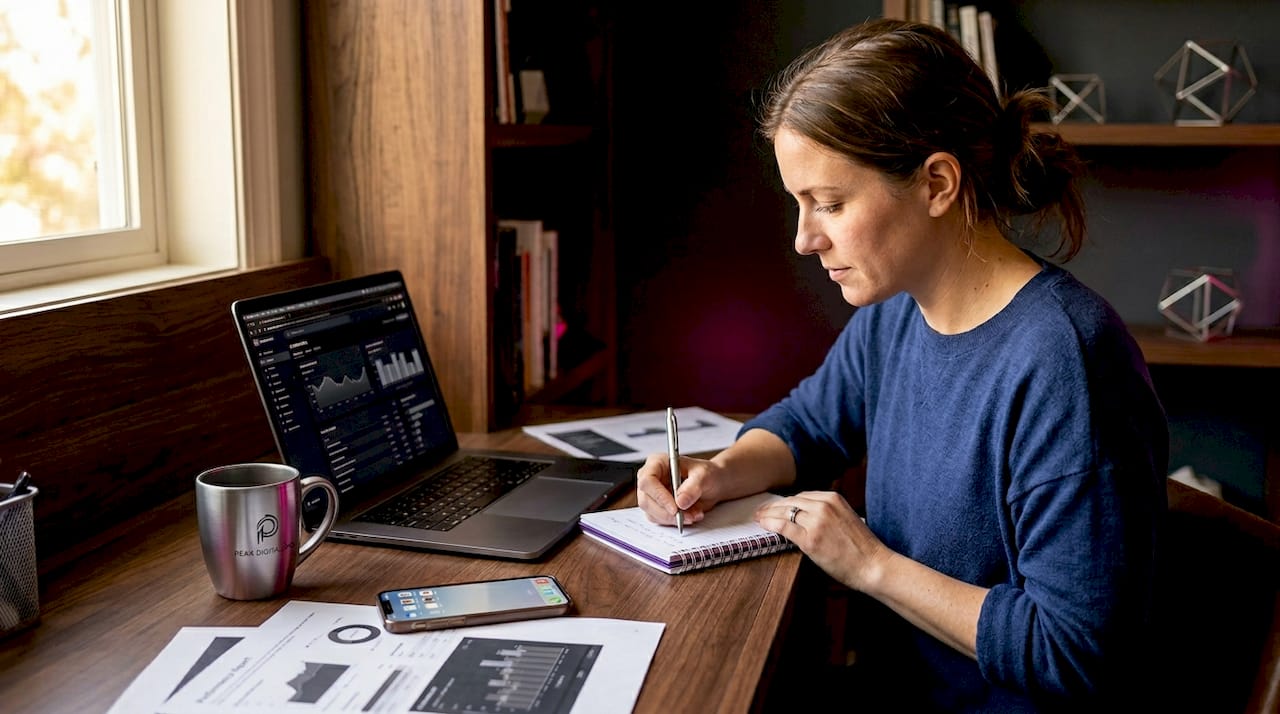 Business owner reviewing search analytics at home