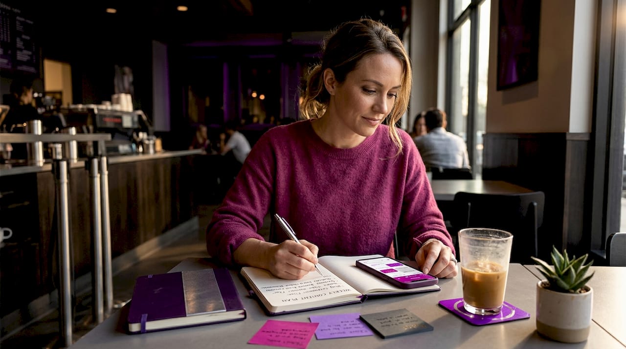 Content strategist writing checklist at bright workspace