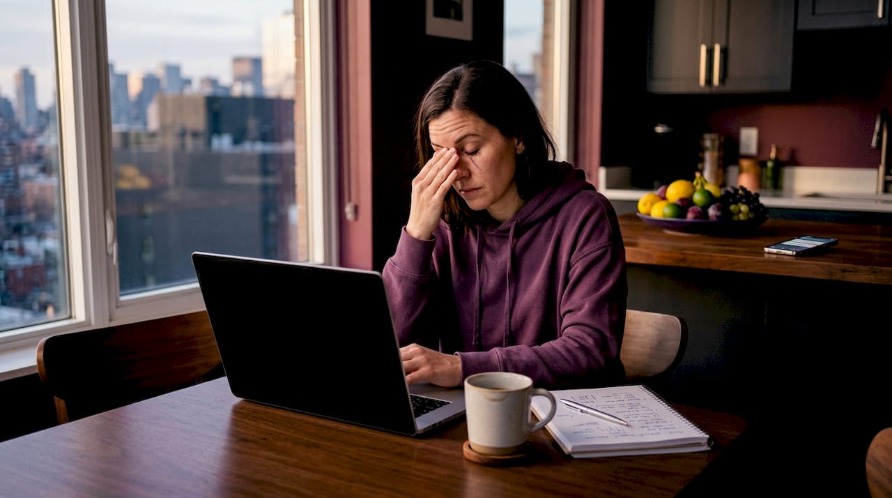 Woman pauses, rubs eyes at kitchen table workspace