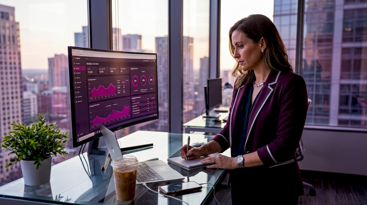Marketer reviews AI analytics at corner desk