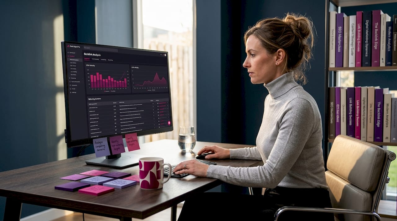 Marketer analyzing backlinks on home office computer