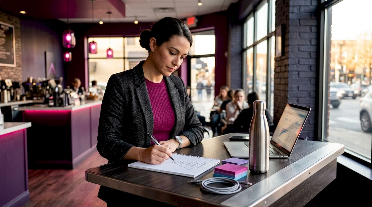 Entrepreneur sketching funnel in glass office