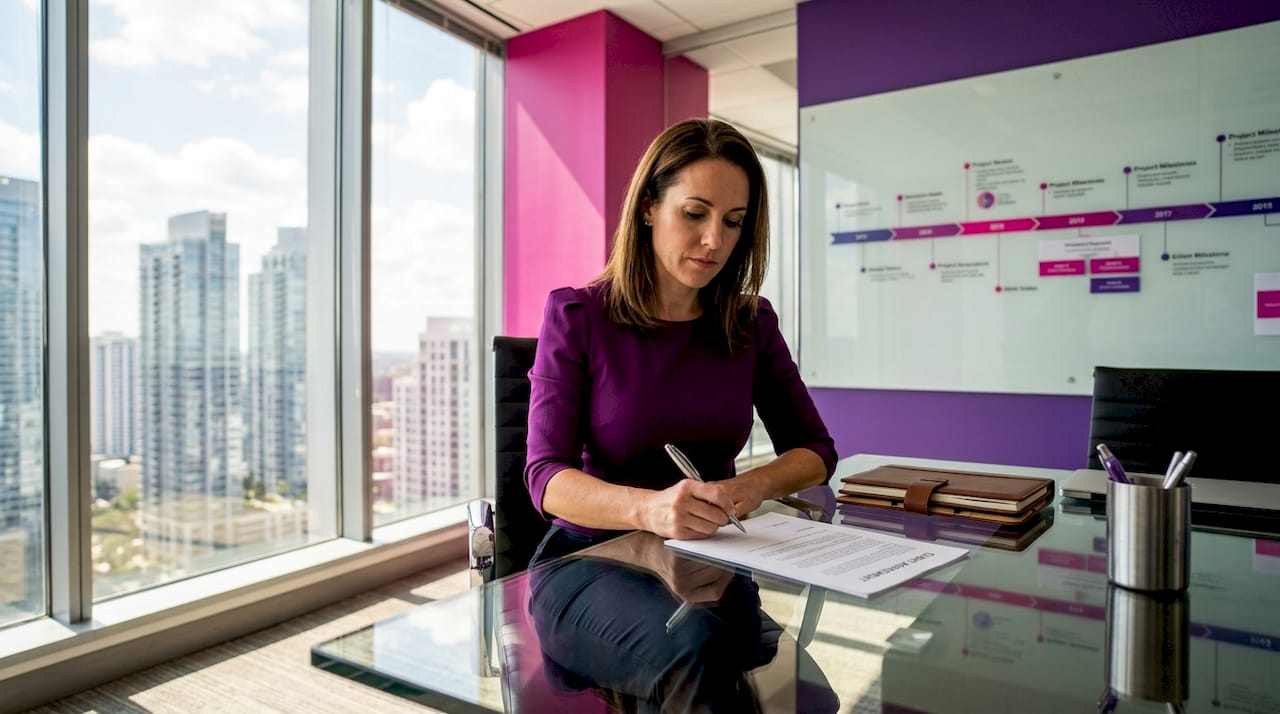 Manager reviewing client agreement at conference table.