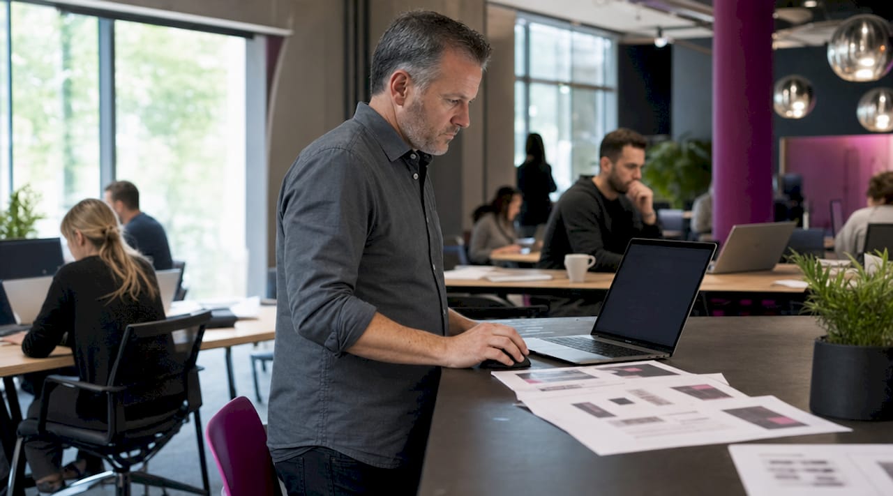 Person managing website backups on laptop in office