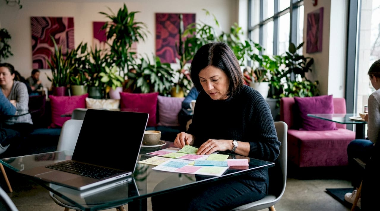 Business owner reviewing customer feedback notes