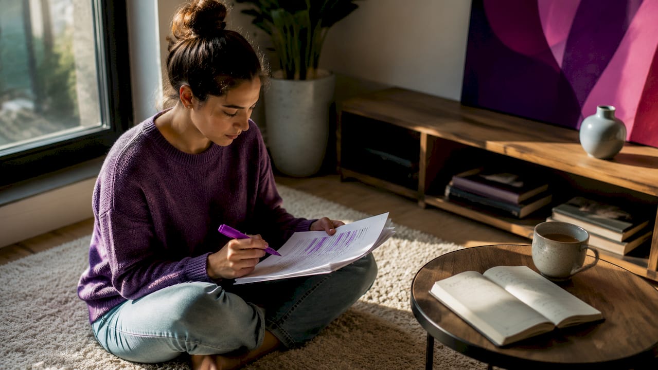 Marketer reviewing printed content strategy notes