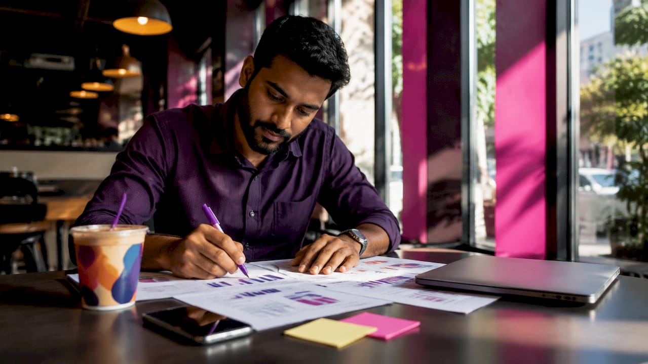 Marketer reviewing printed conversion reports at desk
